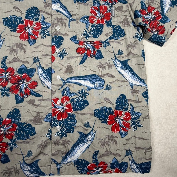 Columbia PFG Mens Medium Marlin Mahi Hibiscus Tropical Fishing Shirt Blue Red - Picture 4 of 8